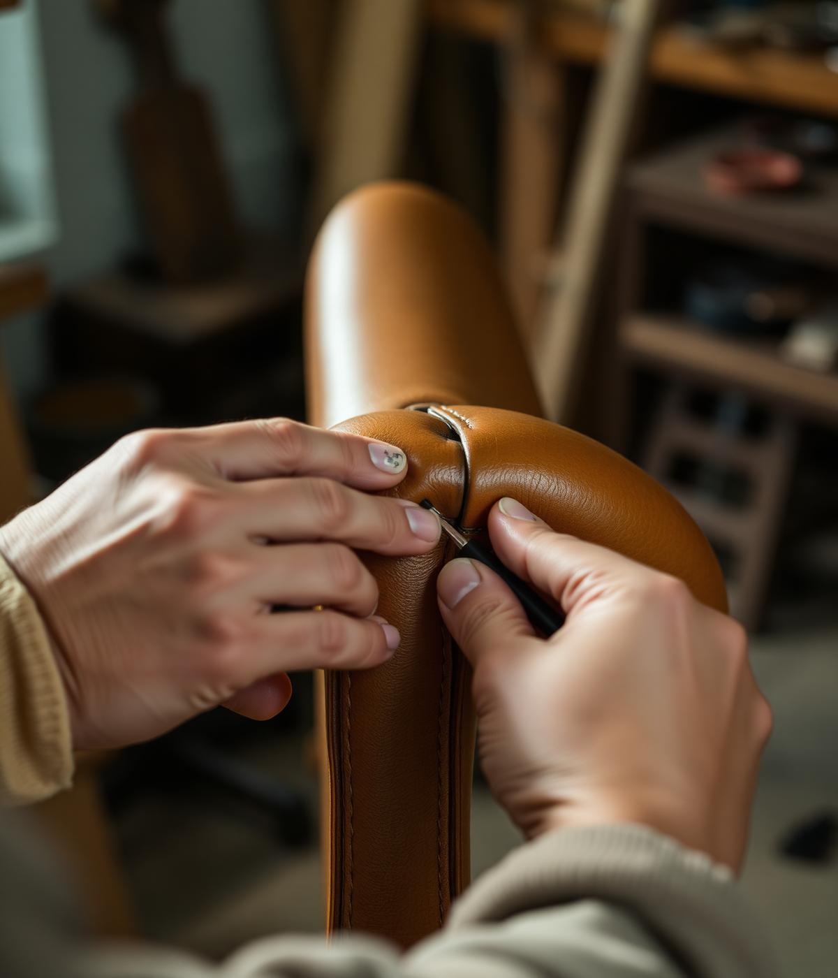 Hands hand-stitching leather